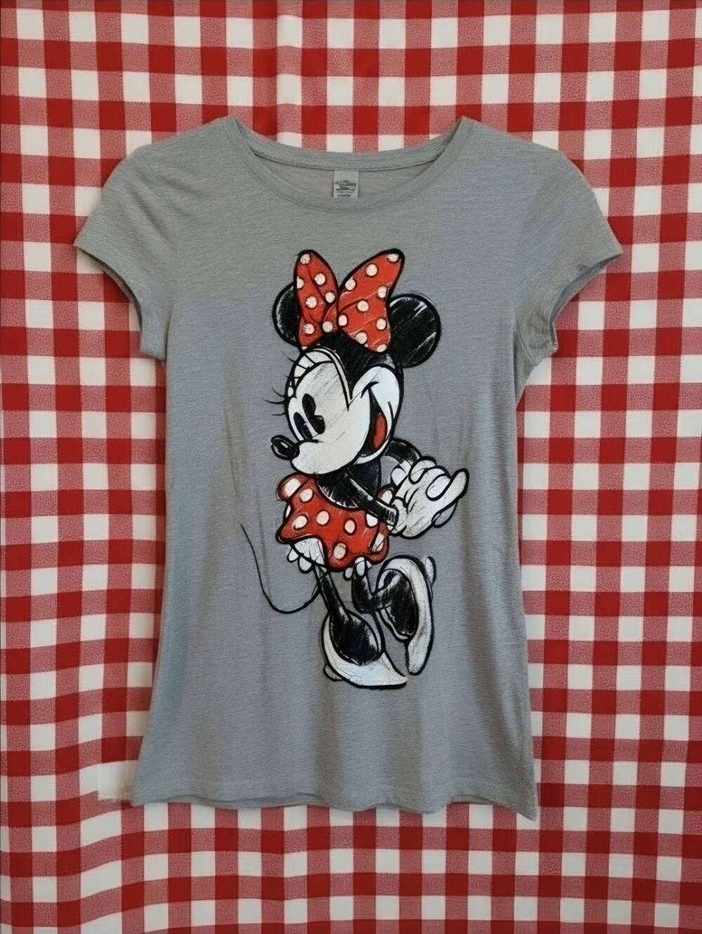 Womens Grey Minnie Mouse Graphic Tee with Red Bow